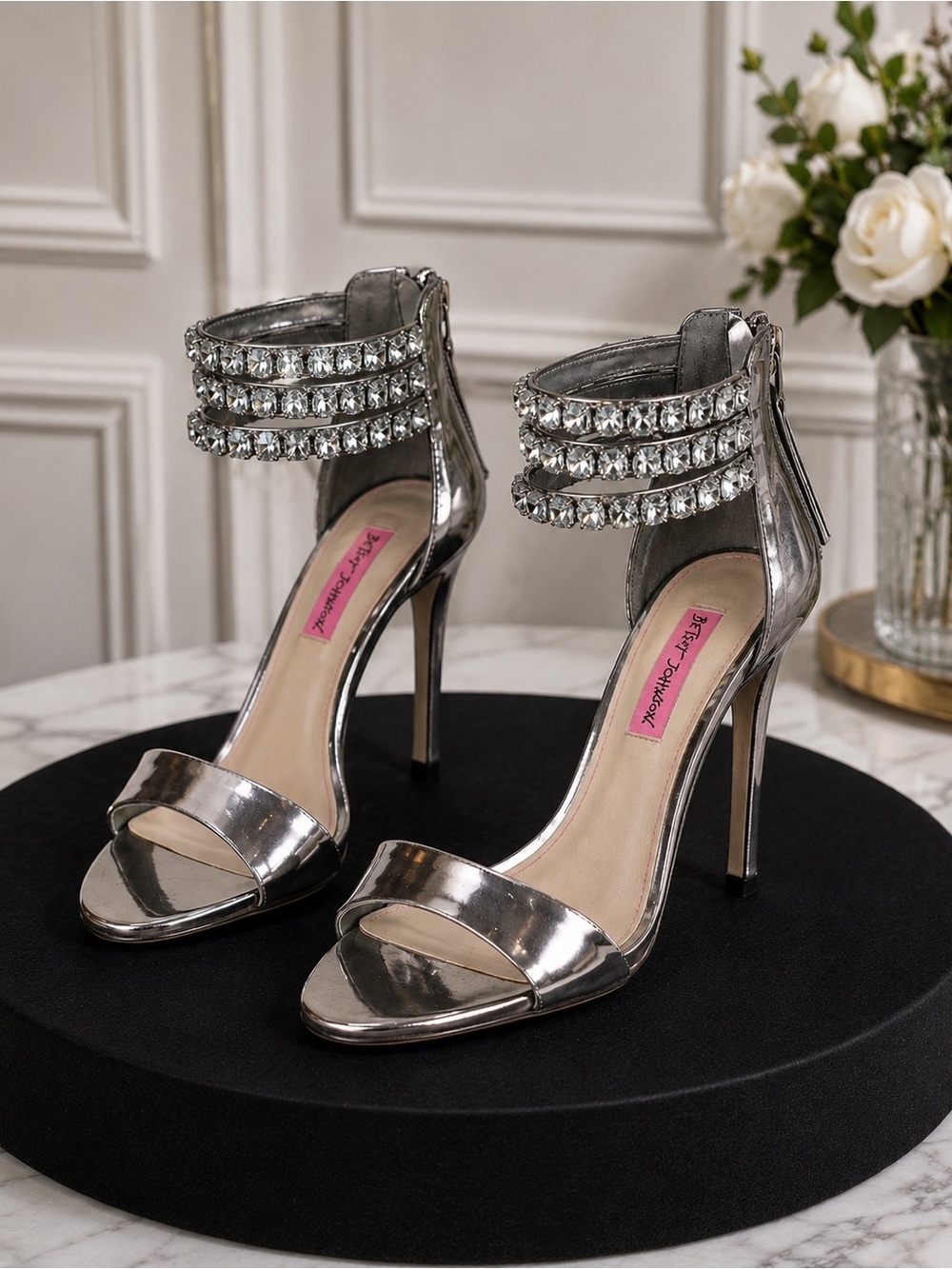 Betsey Johnson Silver Crystal-Strap Metallic Stiletto Sandals